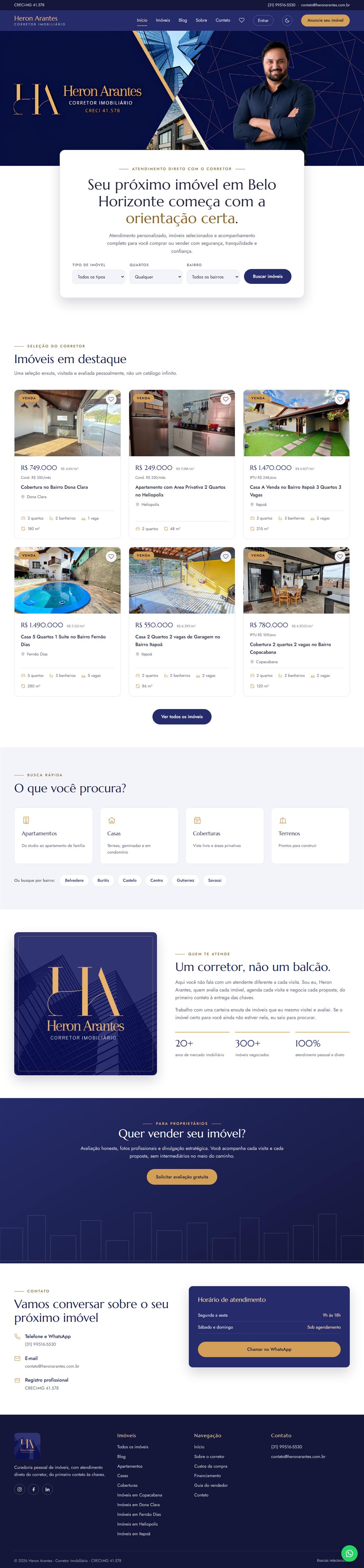 Página inicial de heronarantes.com.br, com busca de imóveis e a vitrine de imóveis em destaque